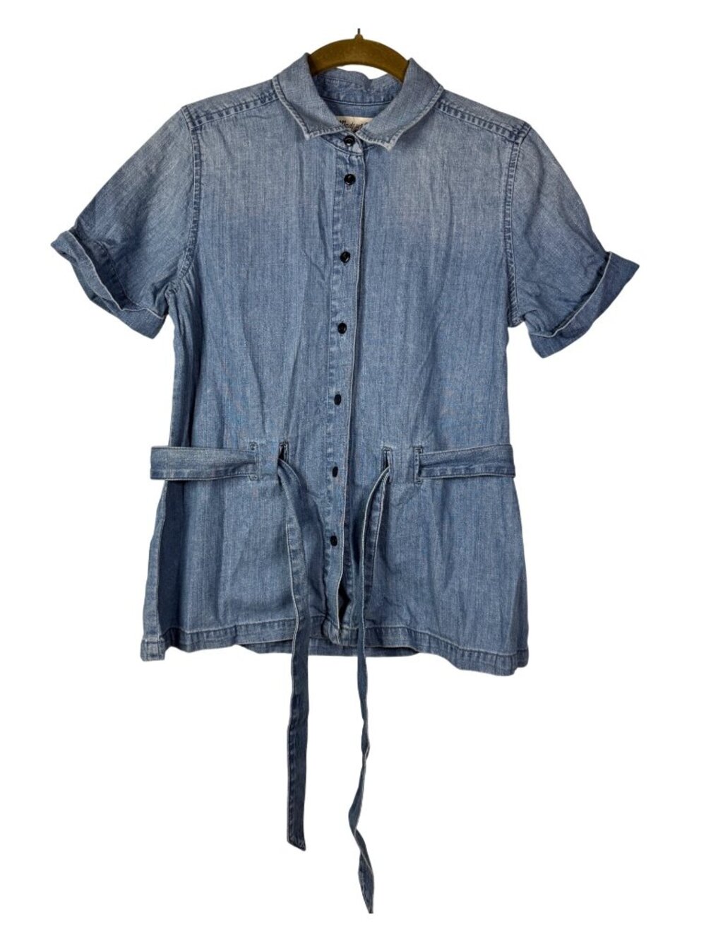Madewell Extra Small Denim Tie-Waist Short Sleeve Button-Up Minimalist Heritage